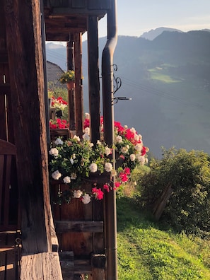 Eine Holztreppe mit Blumenkörben, mit Blick auf ein malerisches Tal.