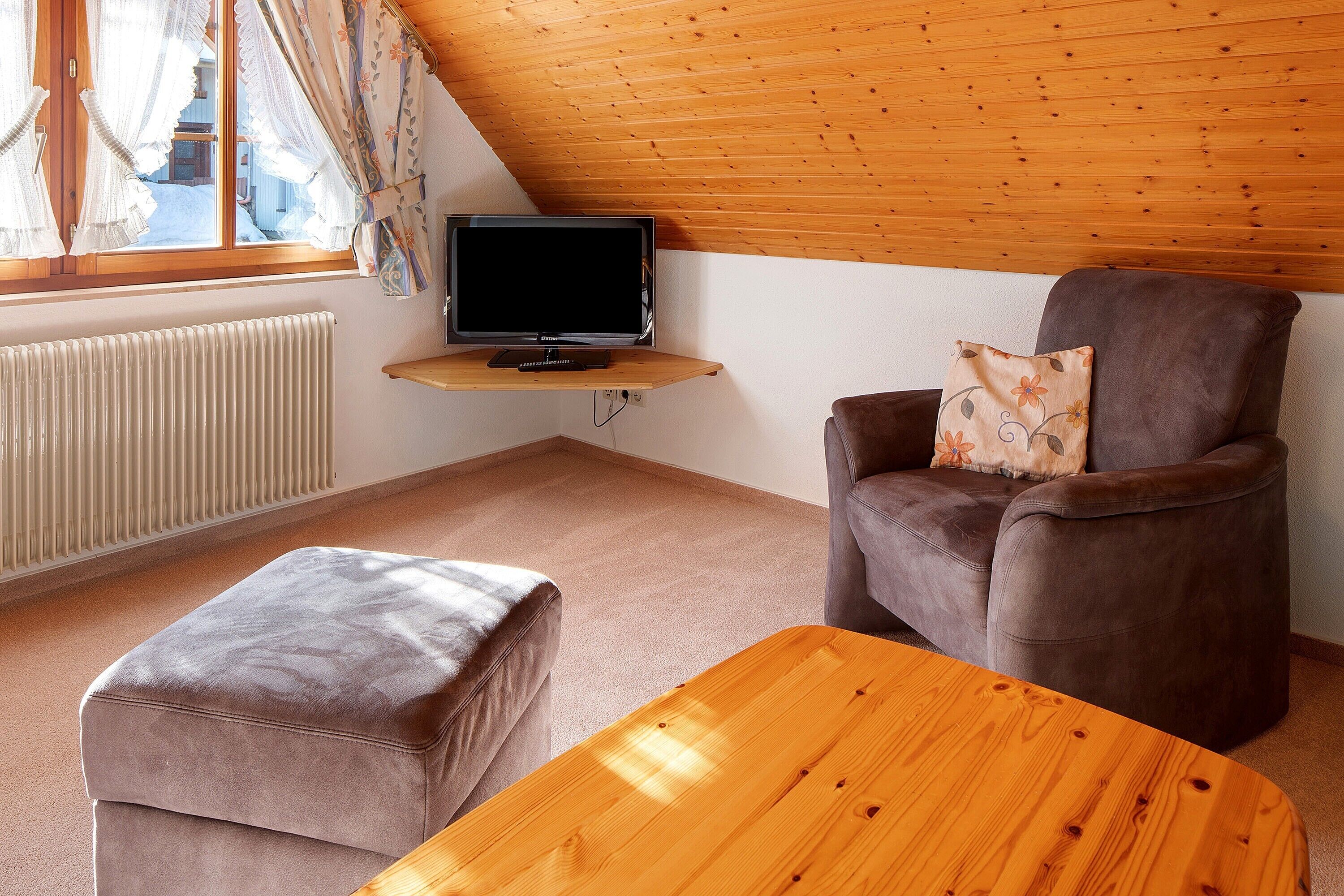 Ein gemütliches Zimmer mit Holzboden, einem Fernseher auf einem Regal, einem braunen Sessel, einem Holztisch und einer Heizung.