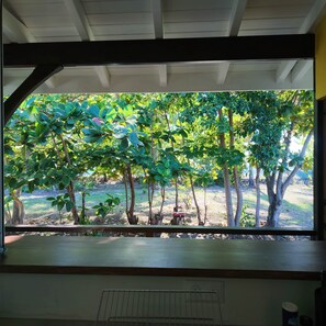 A room with a view of a garden through a window. - Beach Bungalow: Balaou (Le Carbet)