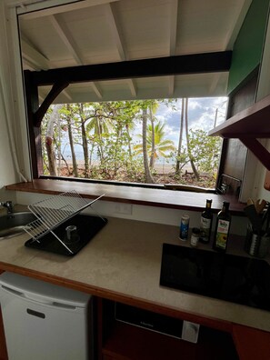 Una cocina con ventana que da a una playa, un fregadero, un escurreplatos y electrodomésticos.