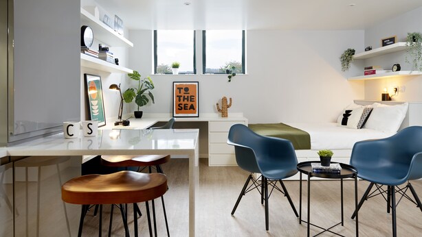 A modern, well-lit room with a white desk, blue chairs, and a bed with a white and black patterned pillow. There are shelves with books and plants, and a large window providing natural light. - For Students Only Studios in Plymouth (Plymouth)
