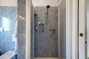 Ducha, secador de pelo, toallas y papel higiénico