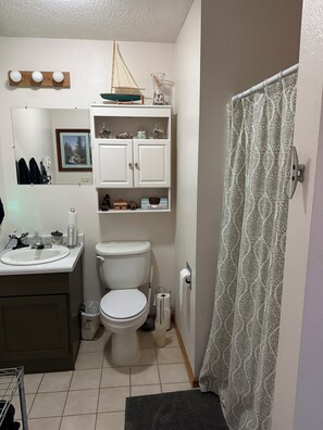 Hair dryer, towels, soap, toilet paper