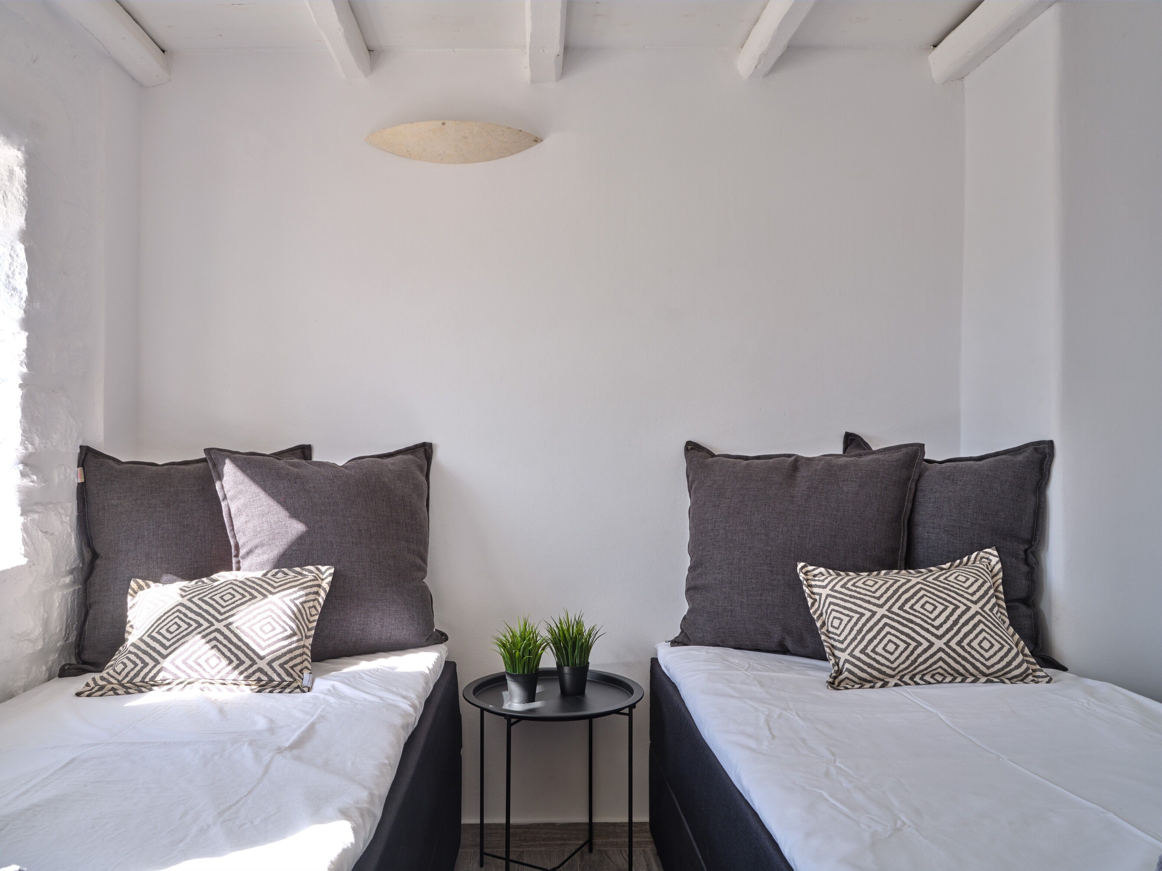 A room with two beds, each with a pillow and a small table with plants.