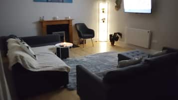 Una sala de estar con chimenea, televisor y un área de estar confortable.