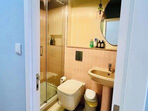 Douche, sèche-cheveux, serviettes fournies, shampoing