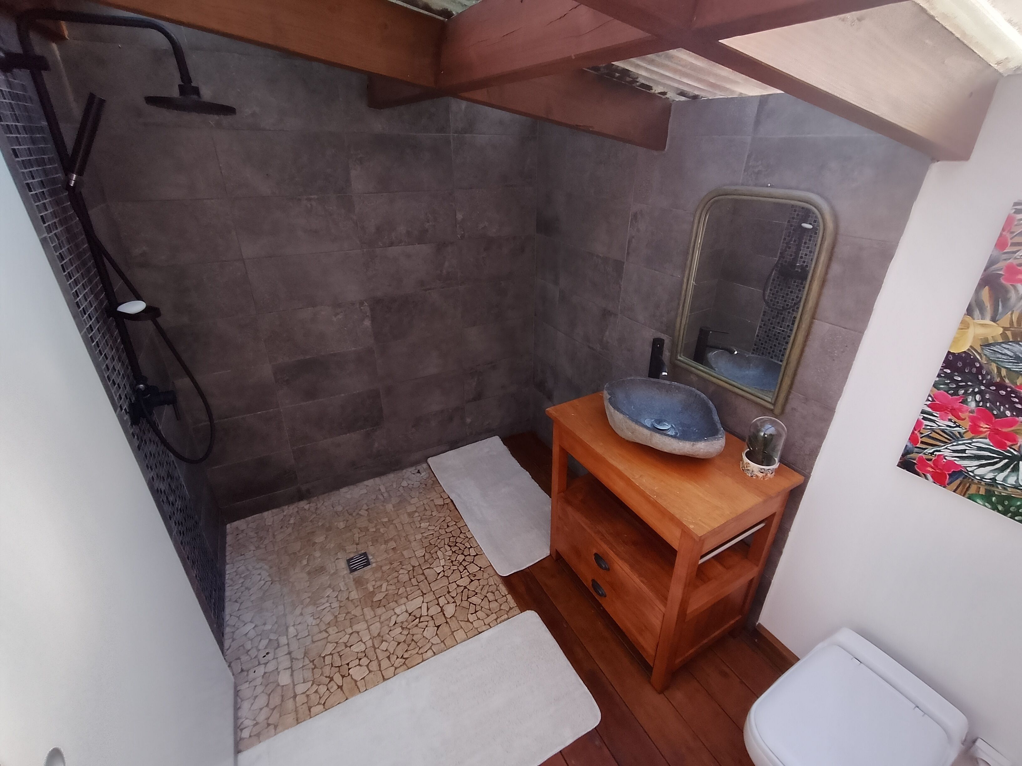 Shower, towels, soap, toilet paper
