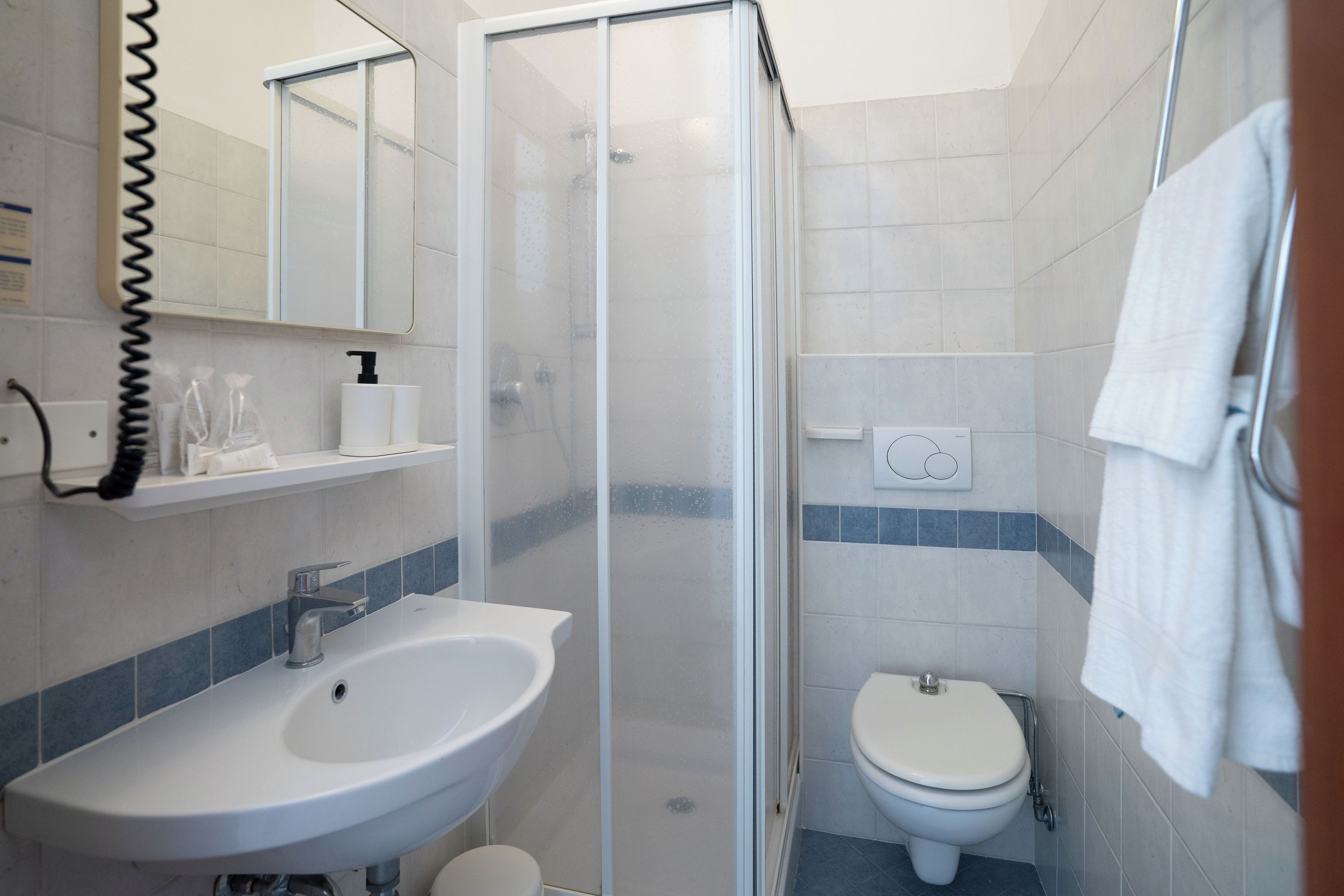 A bathroom with a glass-enclosed shower, a sink, a toilet, and a towel rack.