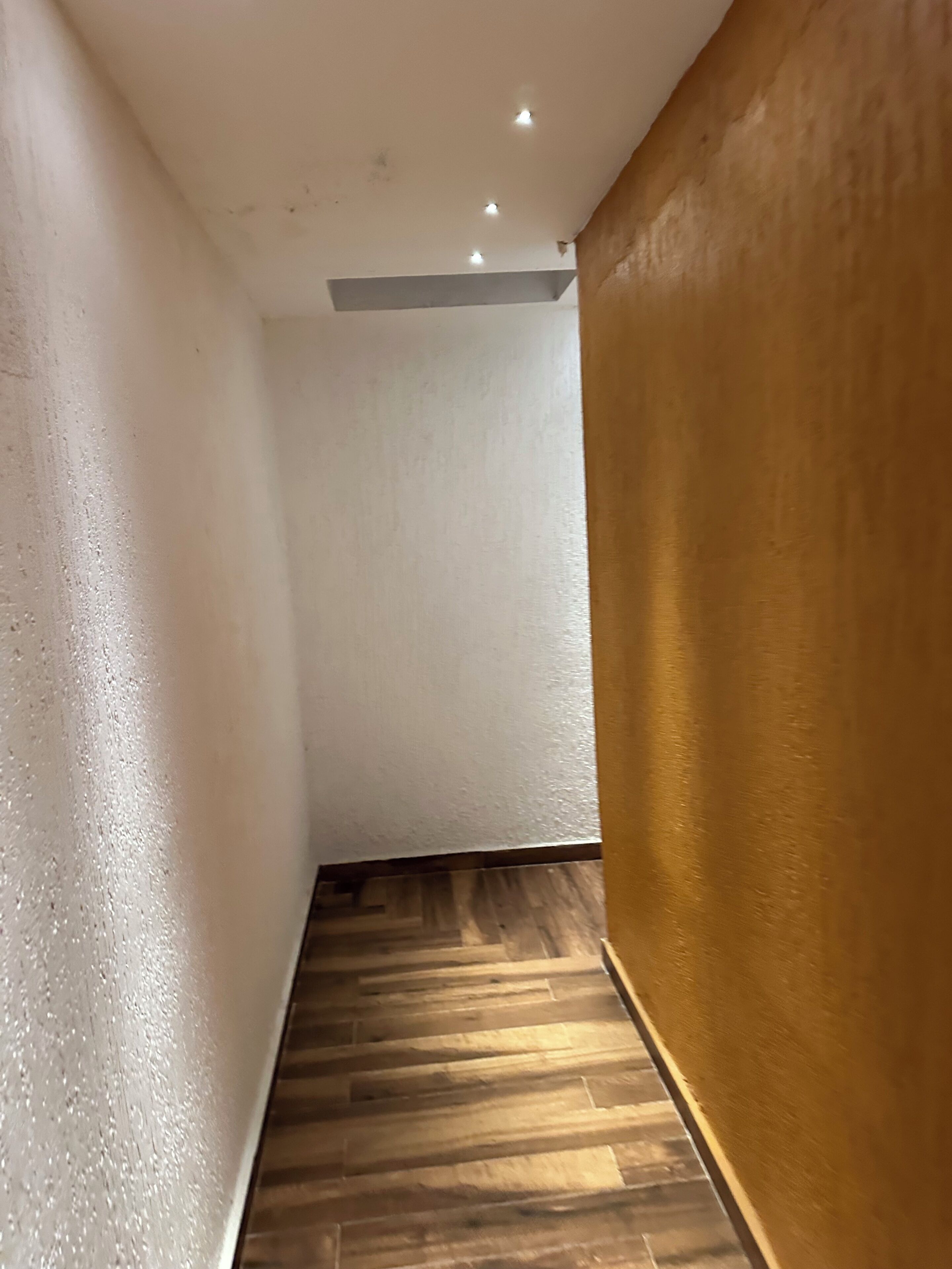 Un couloir étroit avec un plancher en bois et des murs blancs.