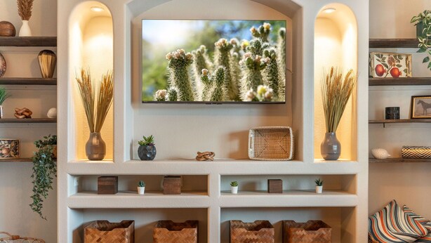 A living room with a television mounted above a shelving unit displaying various decorative items. - Private Pool Oasis. Perfect for Summer & Family Visits (Phoenix)