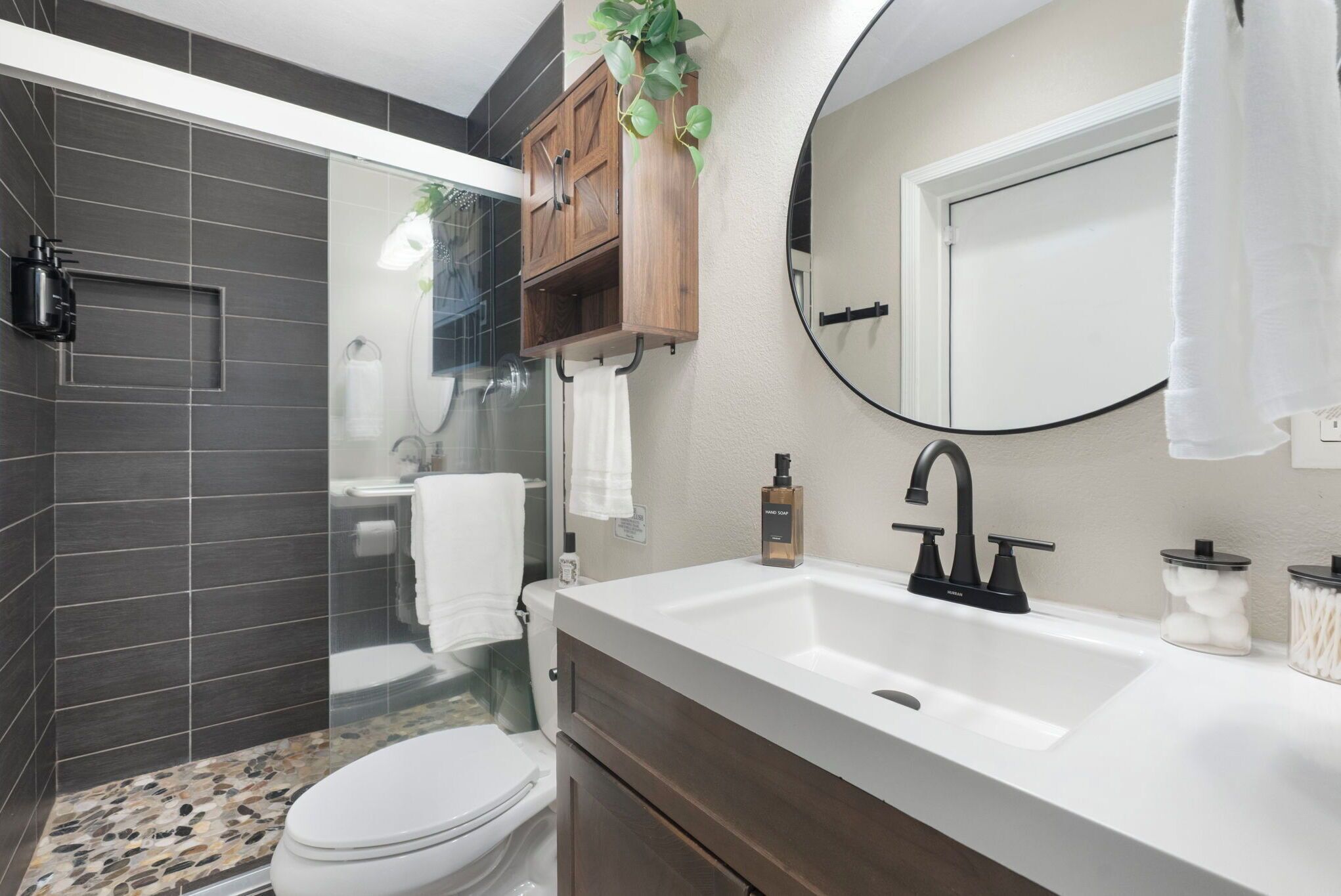 Hair dryer, towels, soap, shampoo
