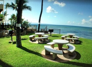 Outdoor dining - Walk out to a secluded beach, sea turtles and Maui sunsets - Oceanfront condo (Lahaina)