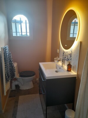 Shower, hair dryer, towels, toilet paper