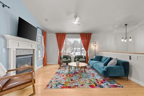 Smart TV, fireplace, foosball, table tennis