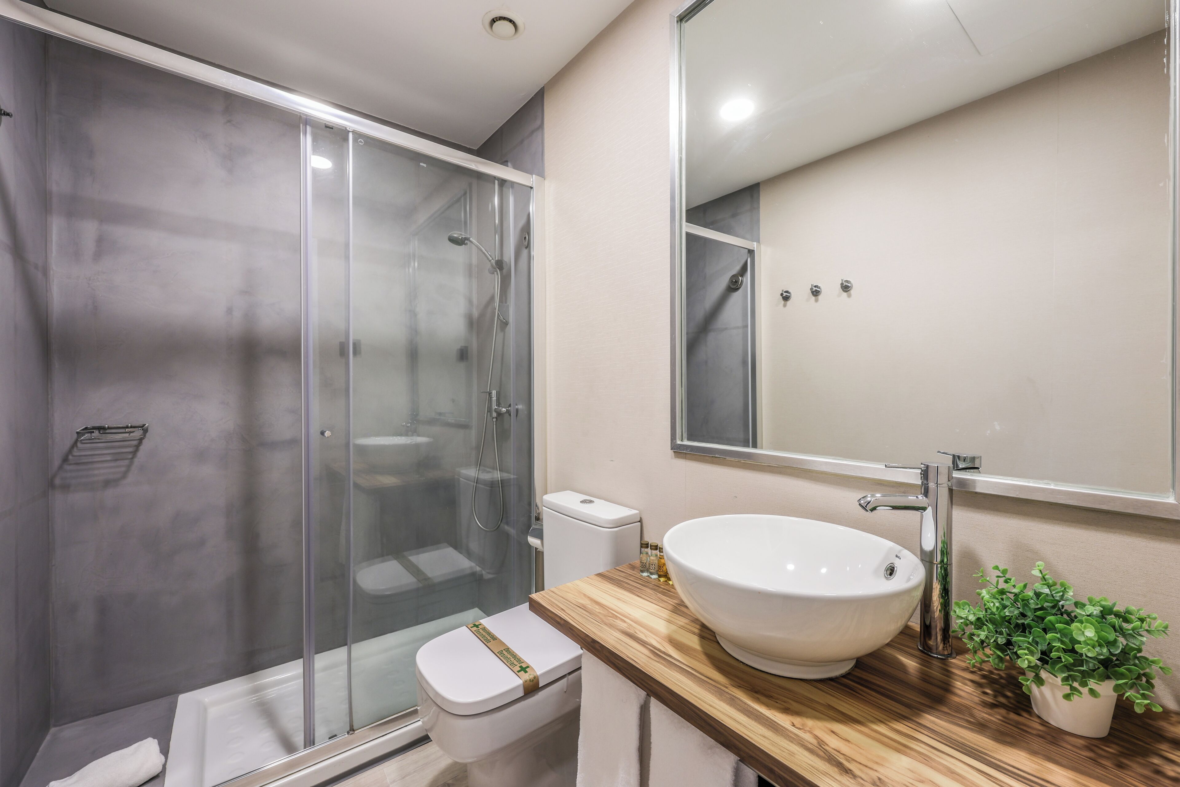 A modern bathroom with a glass shower enclosure, a white sink, and a mirror.
