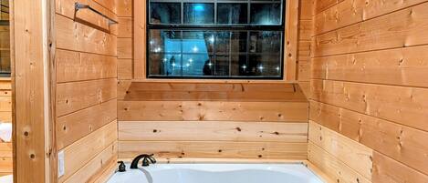 Shower, jetted bath, hair dryer, towels