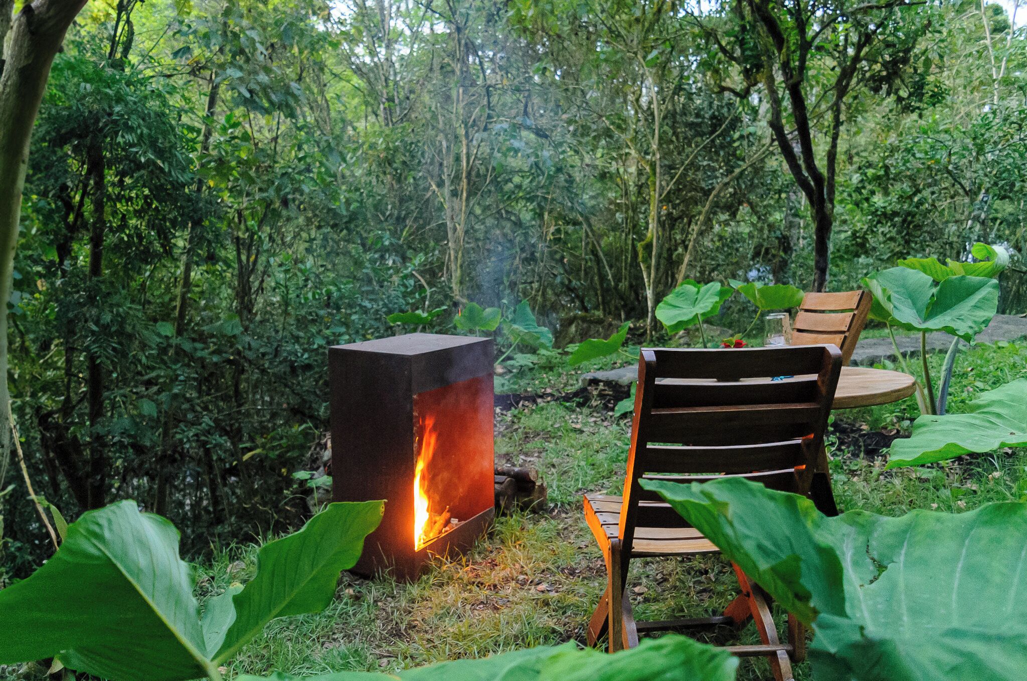 A fire pit with a table and chairs in a forested area.