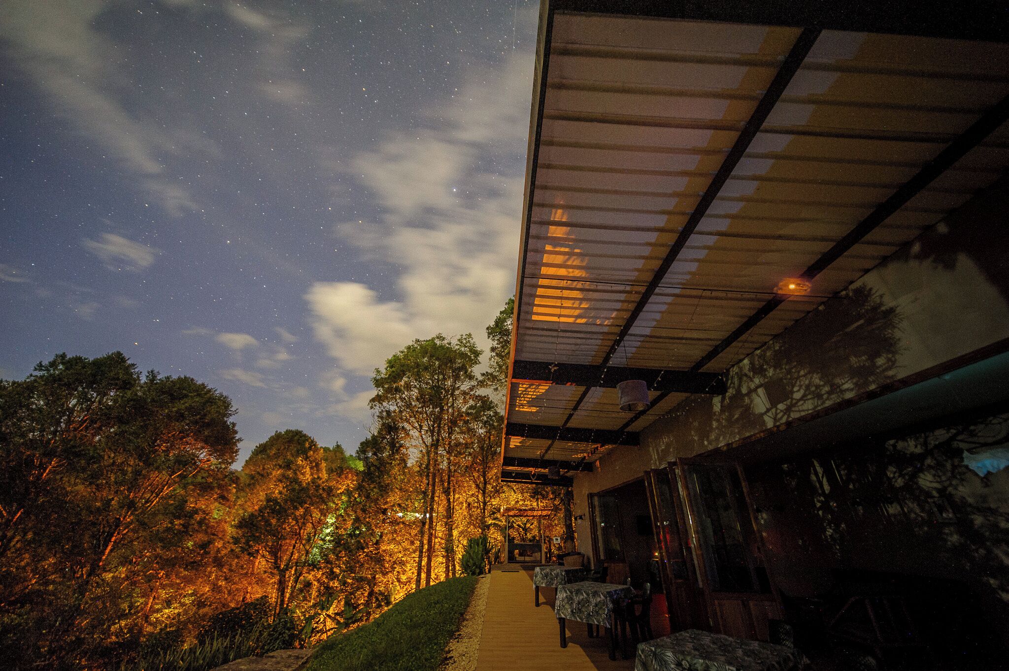 A covered outdoor area with a pathway leading to a building, surrounded by trees and a starry sky.