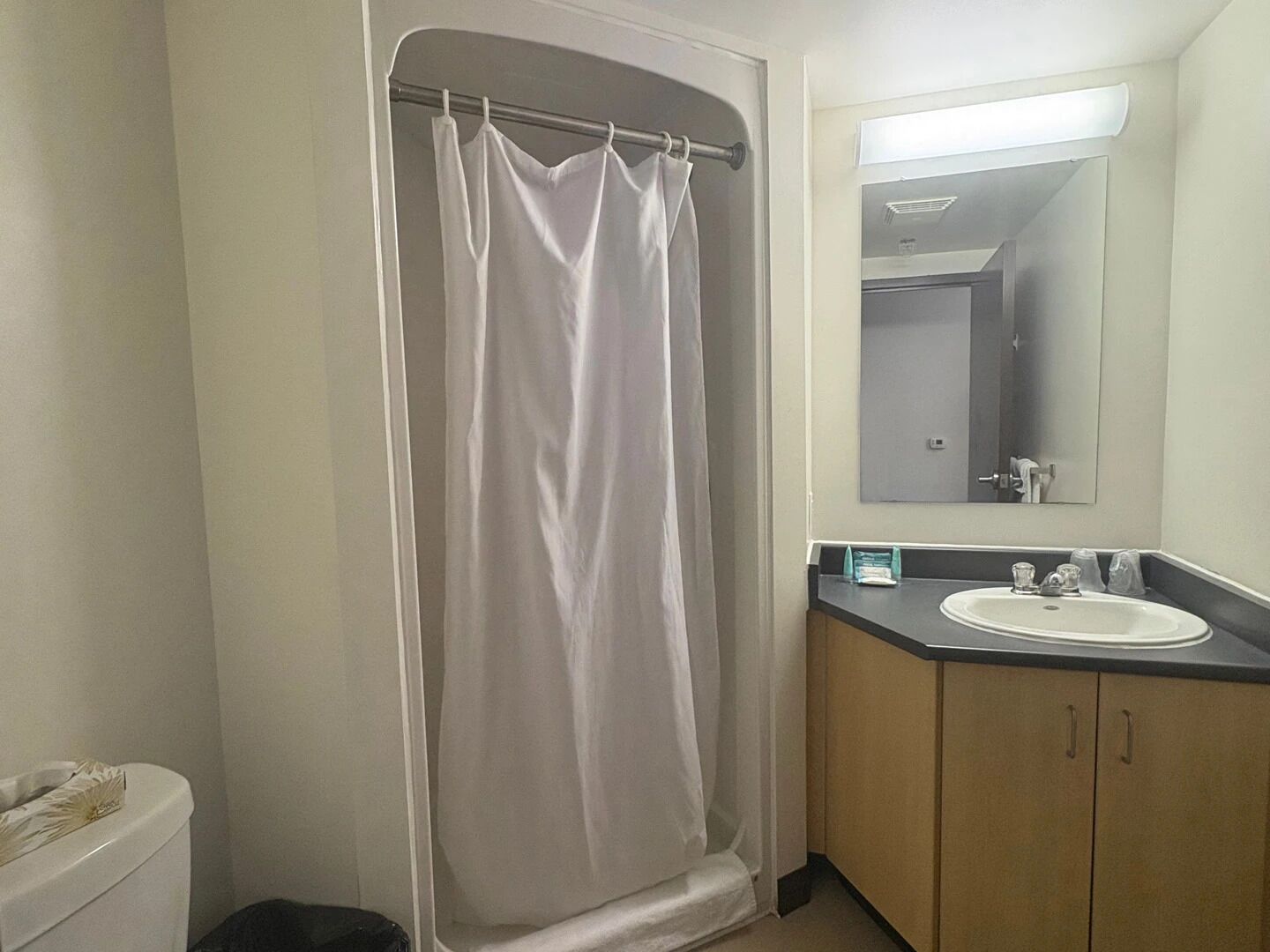 Hair dryer, towels, soap, toilet paper