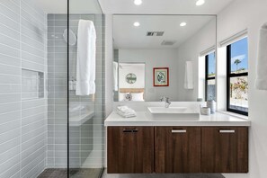 Shower, hair dryer, towels - Audrey's on Park - Luxury Sunrise Pool Estate (Palm Springs)