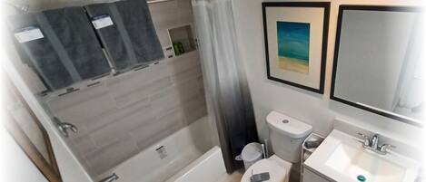 Hair dryer, towels, soap, toilet paper