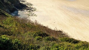A beach with a clear view of the shoreline and a person riding a bicycle on the sand. - Le Corot - T2 near city center (Saint-Brieuc)
