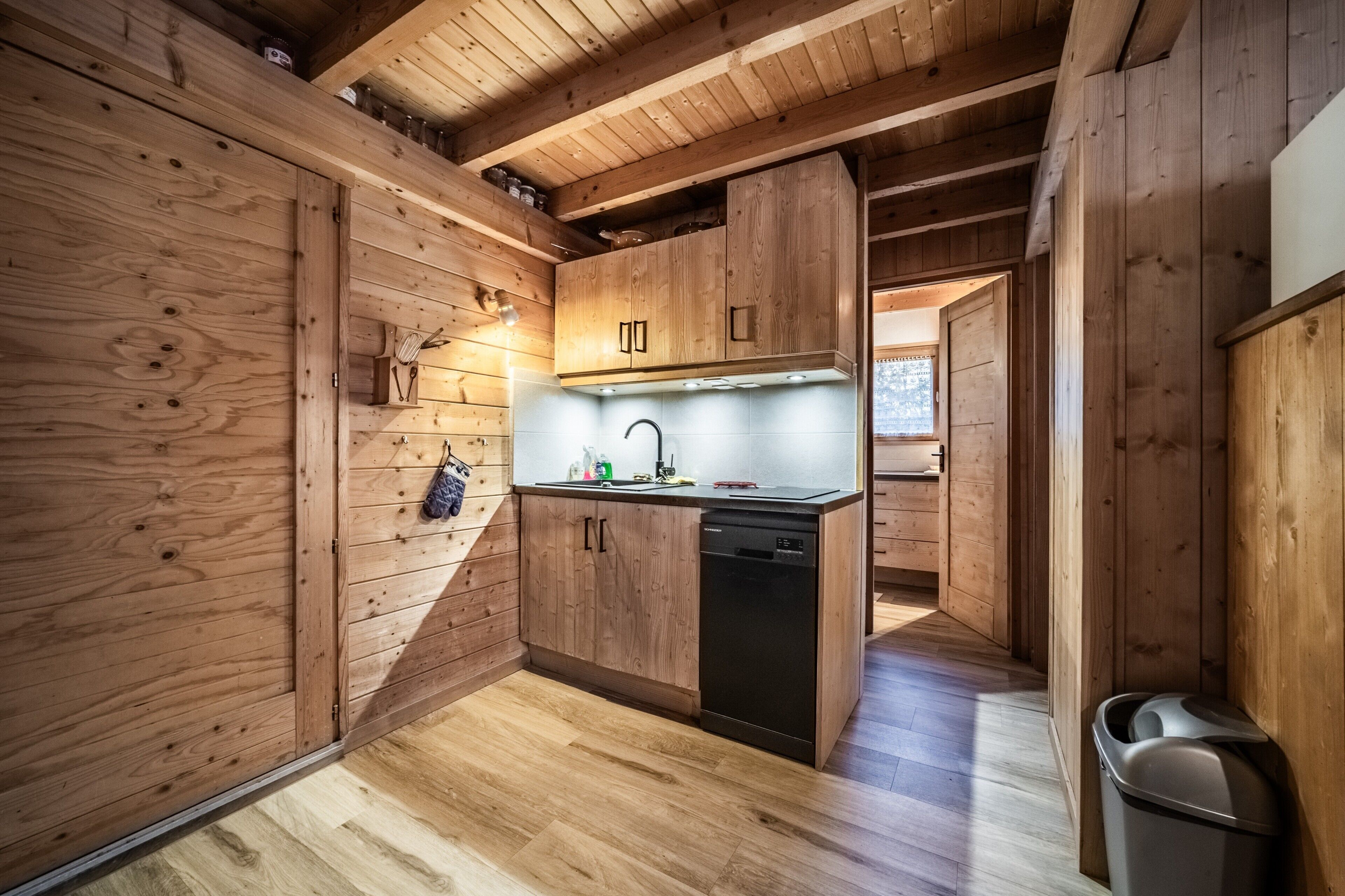 Un interior de madera con área de cocina, que incluye armarios, un lavamanos y un lavavajillas.