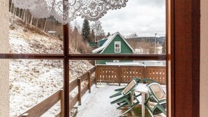 A view through a window with a wooden fence, a green house, and a snow-covered ground. - Room 'Zimmer 6 - Einzelzimmer Groß' with Mountain View, Shared Terrace and Wi-Fi (Muldenhammer)