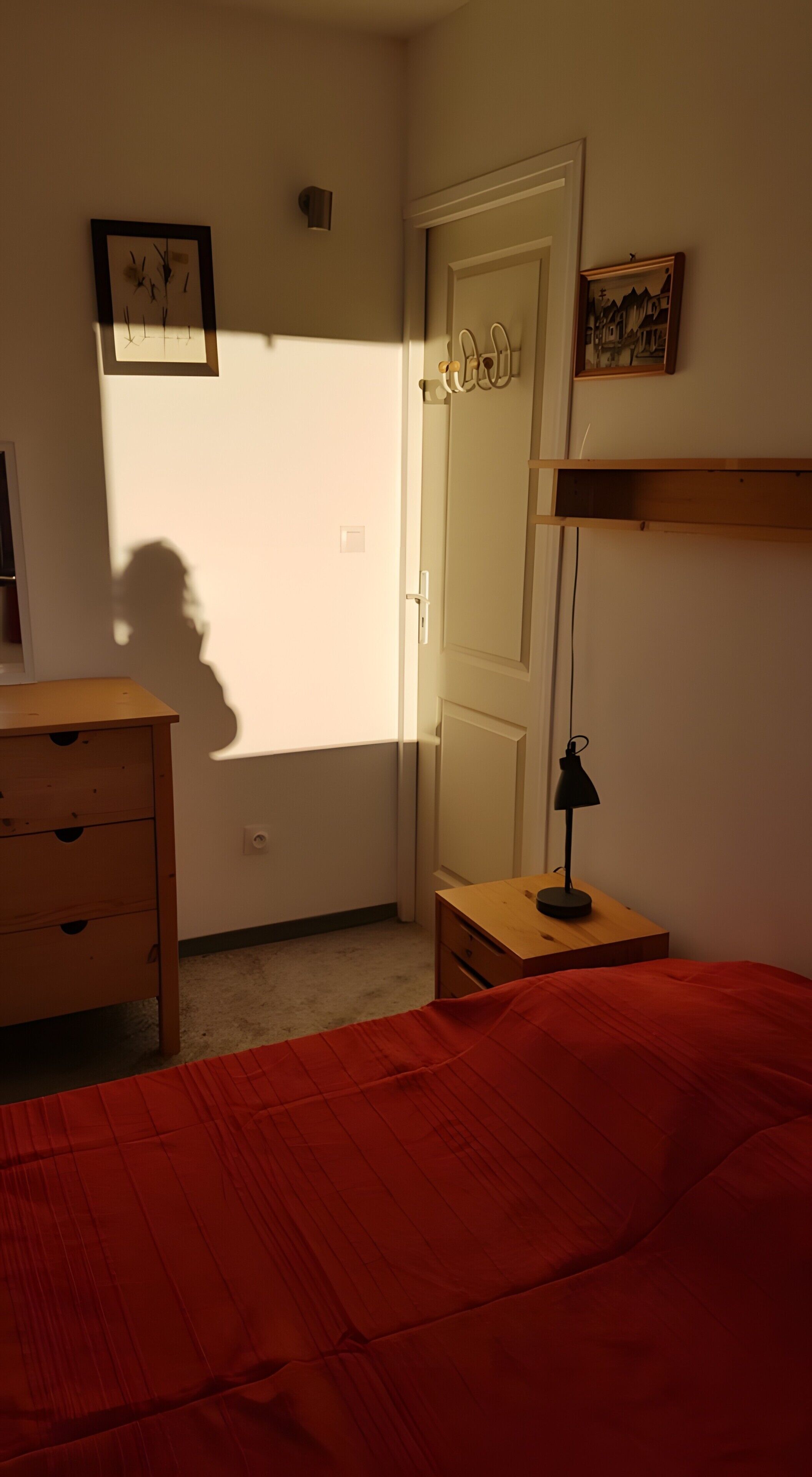 Une chambre à coucher comprenant un lit, une commode, une table de chevet, une porte et une étagère fixée au mur.