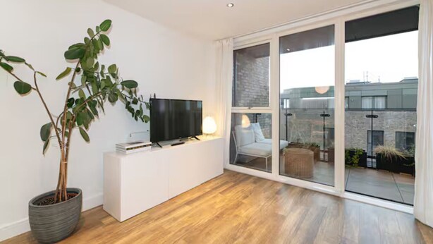 Een moderne woonkamer met een flatscreen televisie, een potplant en een glazen schuifdeur die uitkomt op een terras.