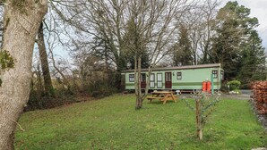 A green mobile home with a picnic table in a grassy yard, surrounded by trees and a stone wall. - Rose Villa Caravan (Llandysul)