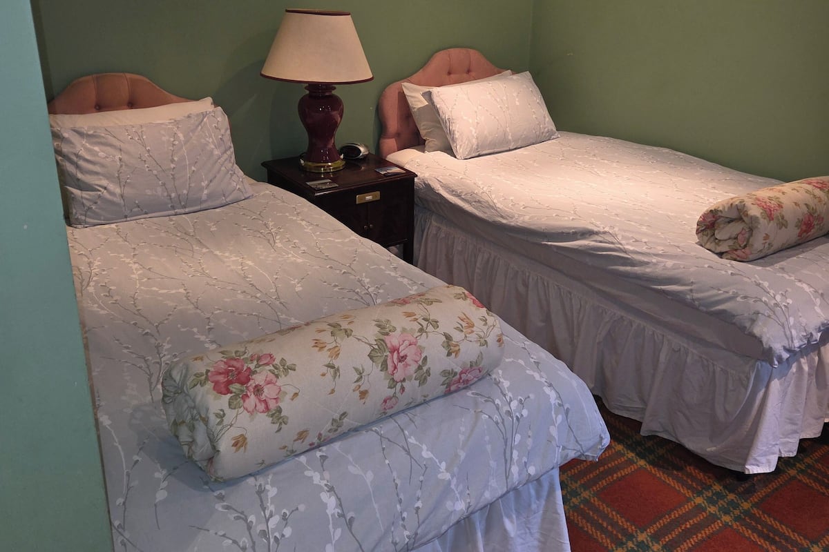 A hotel room with two beds, each with white bedding and floral-patterned pillows. There is a nightstand with a lamp between the beds.