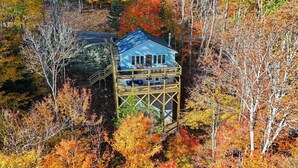 Eine Holzhütte mit Stein Fundament und einer Holzterrasse, umgeben von Herbstlaub.