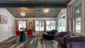 Una camera accogliente con soffitto in legno, un divano nero, una poltrona rossa e una poltrona viola. Sono presenti ampie finestre con tende, un pavimento in legno e un punto luce fissato al muro.
