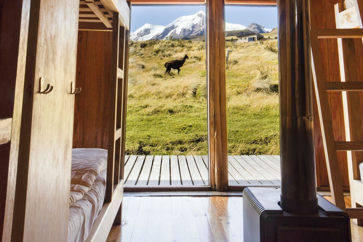 A wooden cabin with a bed, a fireplace, and a view of a mountain and a cow.