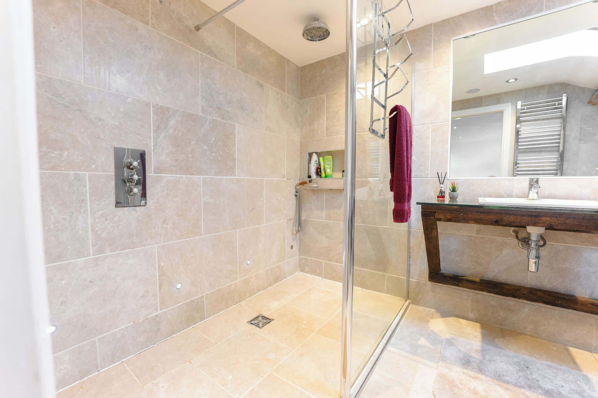Shower, hair dryer, shampoo