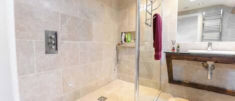 Shower, hair dryer, shampoo