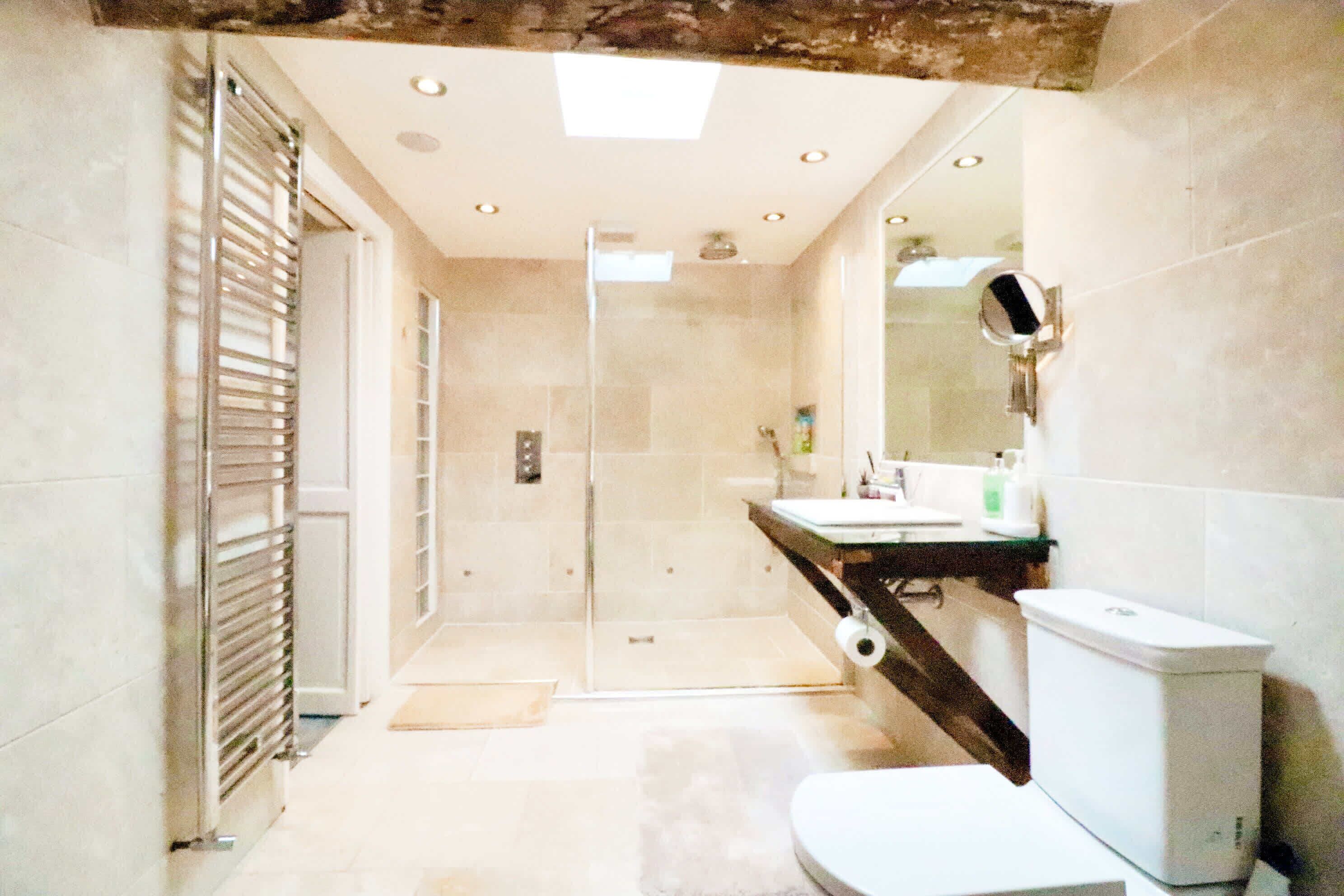 Shower, hair dryer, shampoo