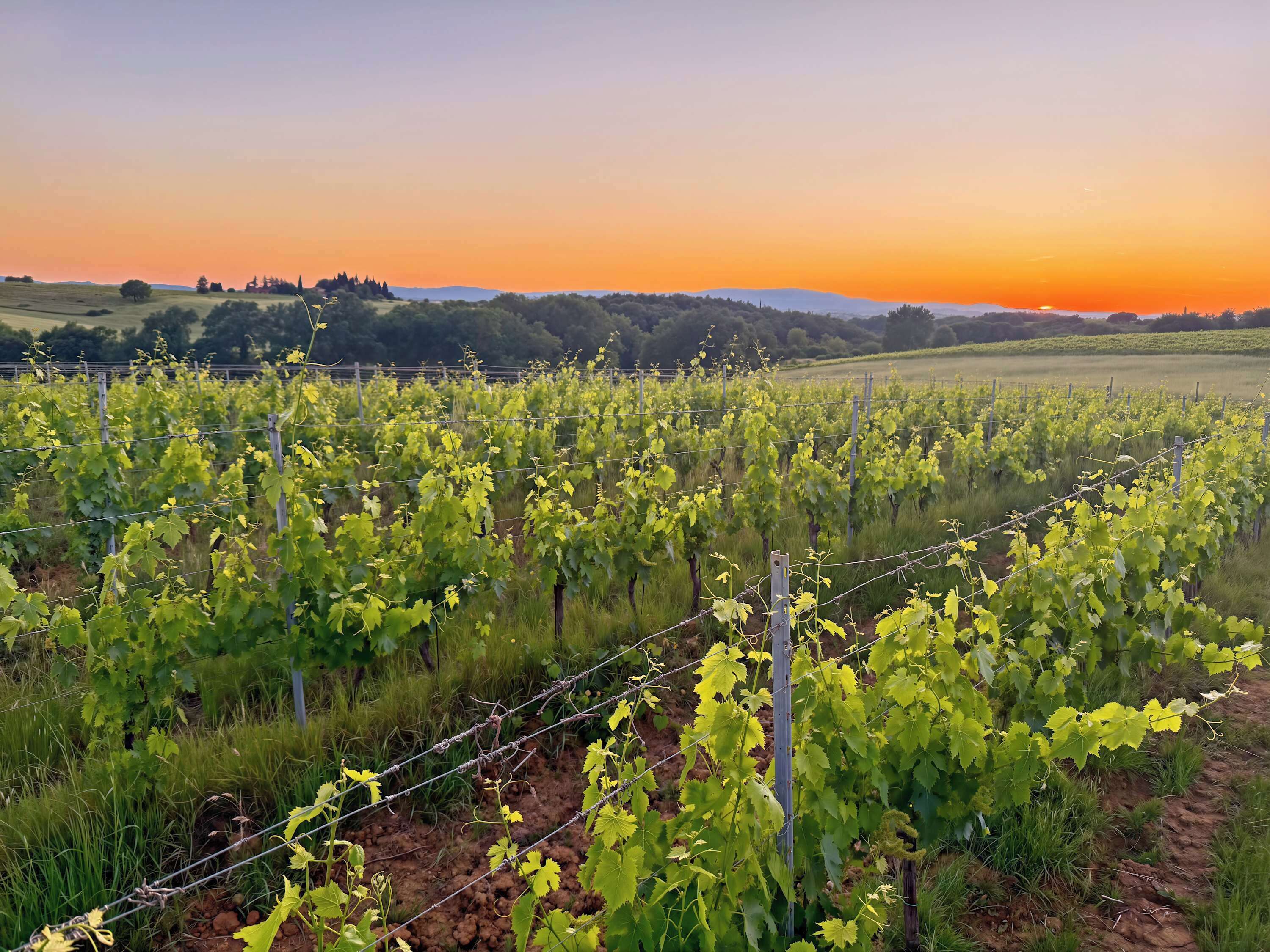A vineyard with rows of grapevines, a clear sky, and distant hills.