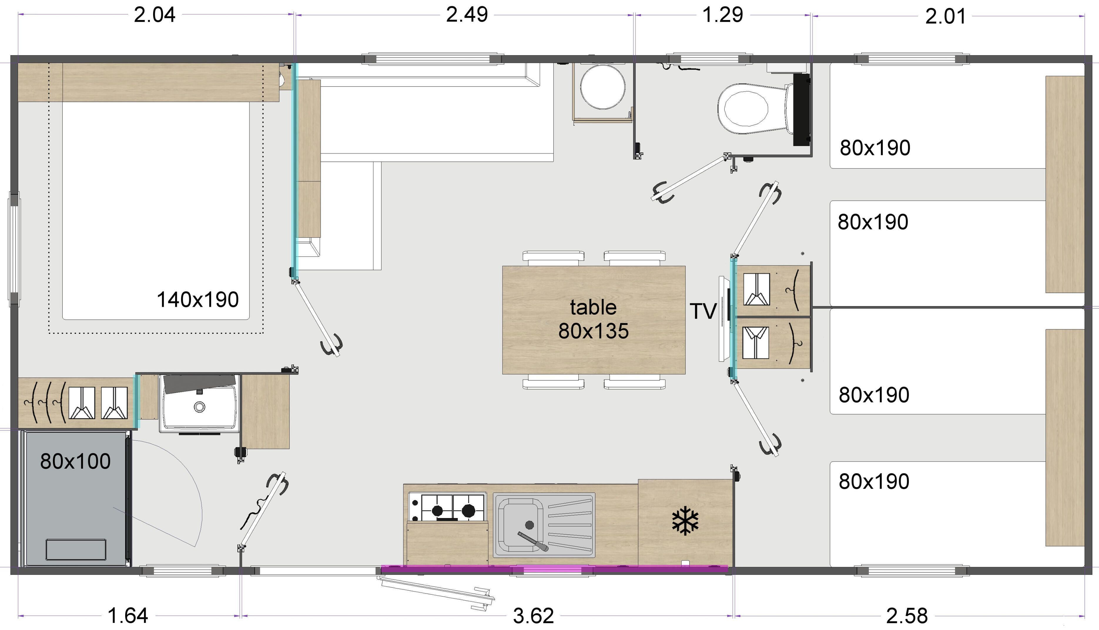 Plan d’une chambre d’hôtel avec un lit de 140 x 190 cm, un téléviseur de 80 x 190 cm, un espace détente de 80 x 190 cm et une table de 80 x 135 cm.