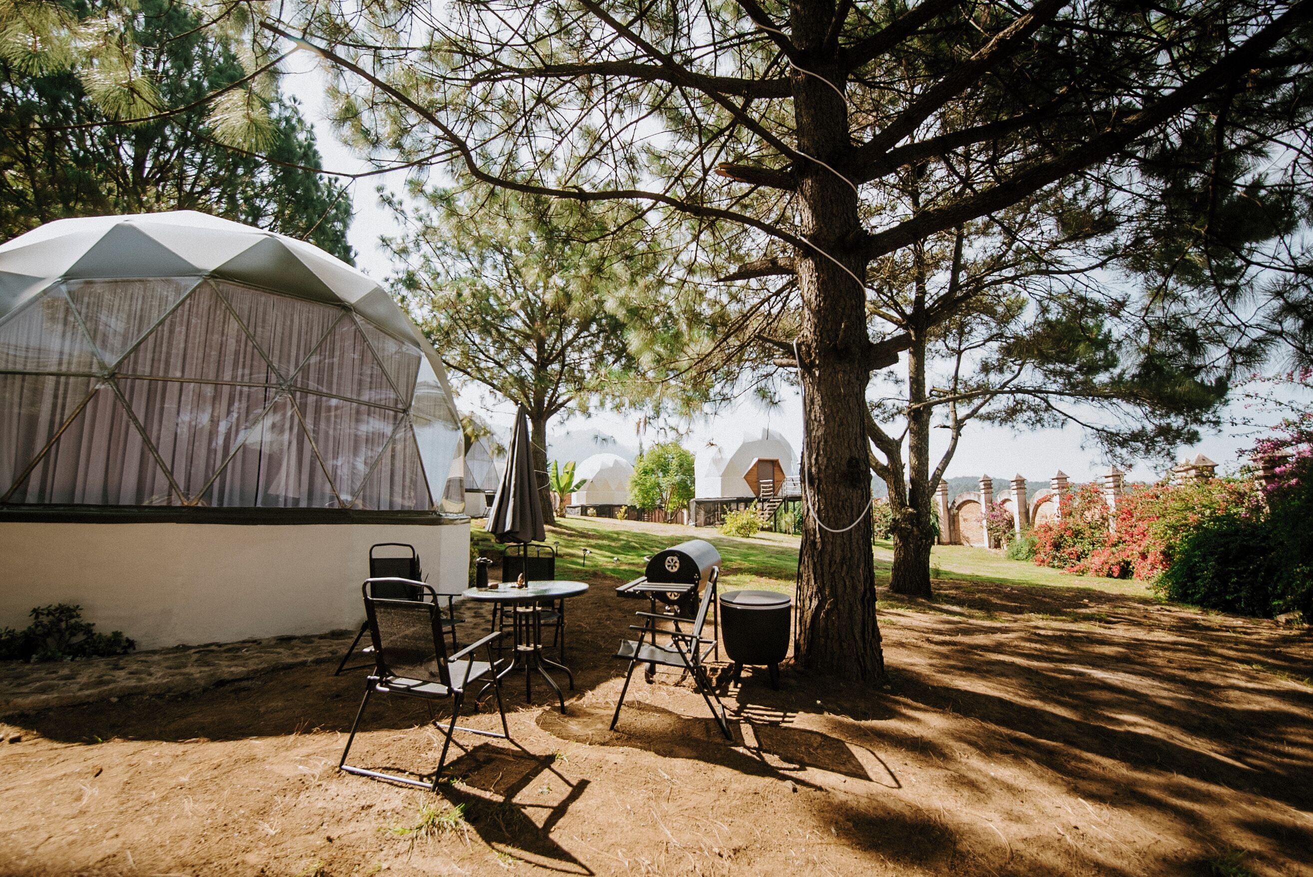 Een koepelvormige tent met een tafel en stoelen, omringd door bomen en een gazon.