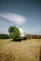 Una gran estructura en forma de cúpula blanca en un campo abierto, con un árbol cercano.