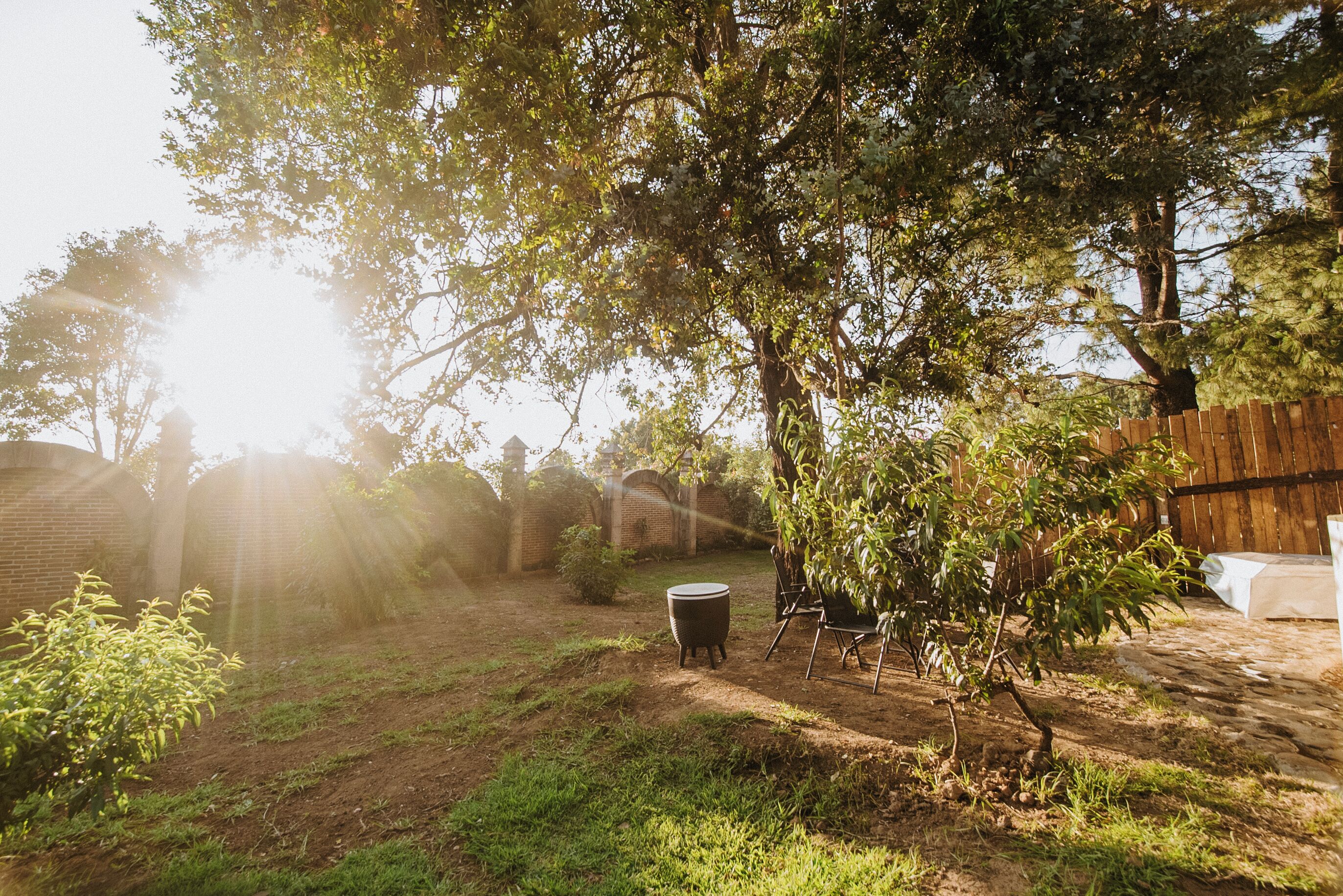 A backyard with a wooden fence, a small table, and chairs under a tree.