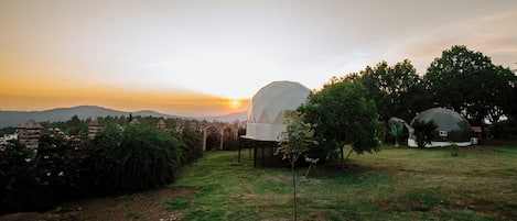 Un bâtiment en forme de dôme offrant une vue dégagée sur le coucher du soleil, entouré de verdure et d’autres constructions similaires.