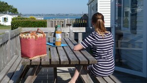 A person sitting at a wooden table with a bottle and a basket on it, overlooking a scenic view. - Cap - Confort 3 TV – 8p (5) (Plouézec)