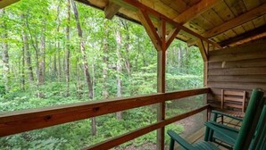 Una cabaña de madera con un porche que da a un bosque frondoso.