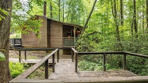 Une cabane en bois dotée d’une terrasse et d’un foyer, entourée d’une forêt dense.