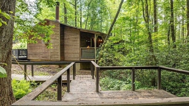 A wooden cabin with a deck and a fire pit, surrounded by dense forest. - The Lost Compass - Suite #2 - Cozy Cabin Retreat (Sautee Nacoochee)