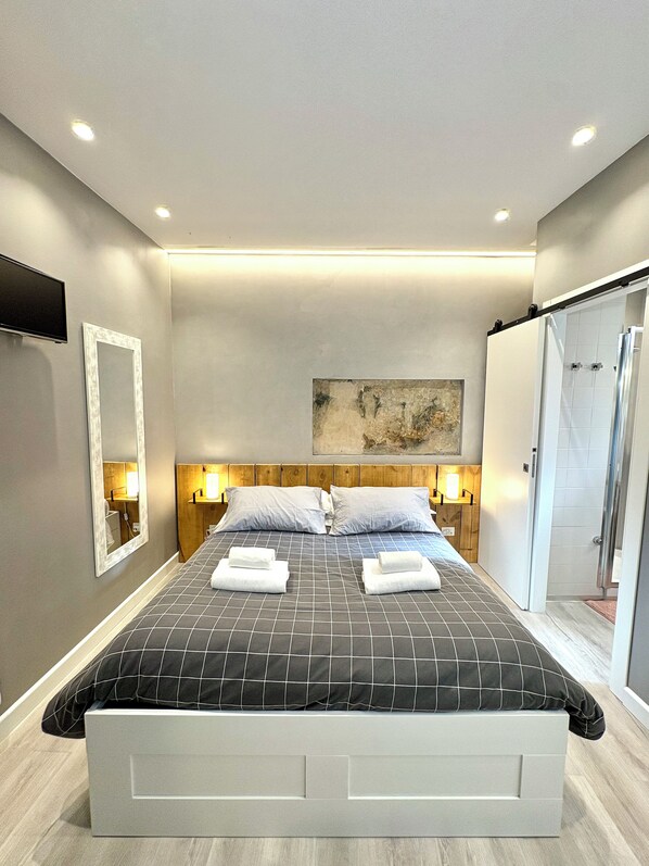 A modern hotel room with a large bed, bedside tables, a TV, and a shower area. - Catullo 12 (Verona)