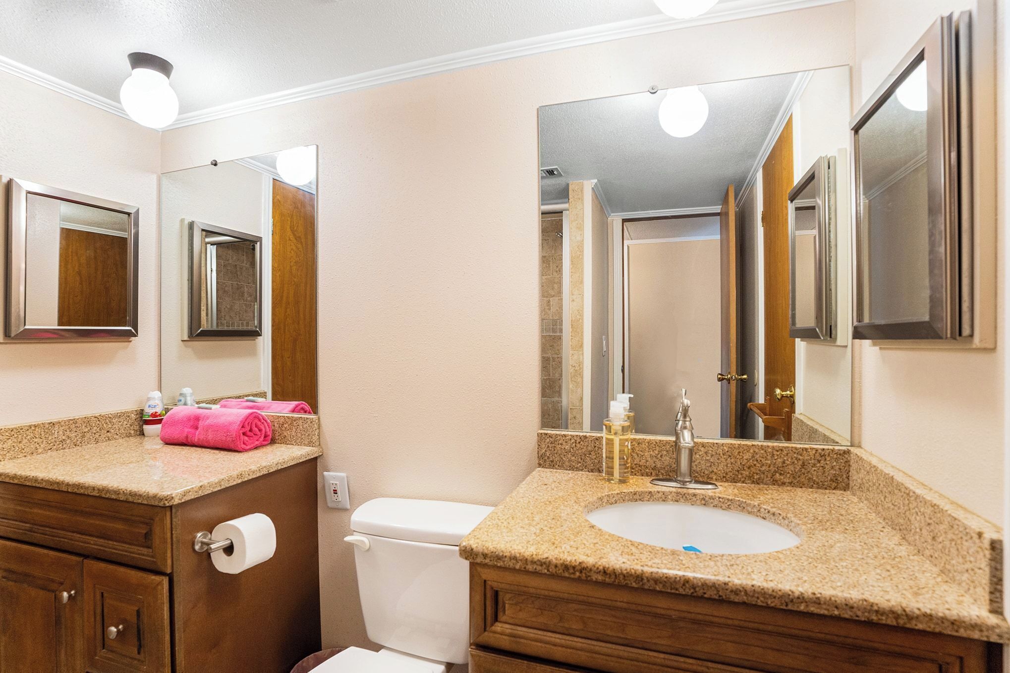 Shower, towels, soap, toilet paper